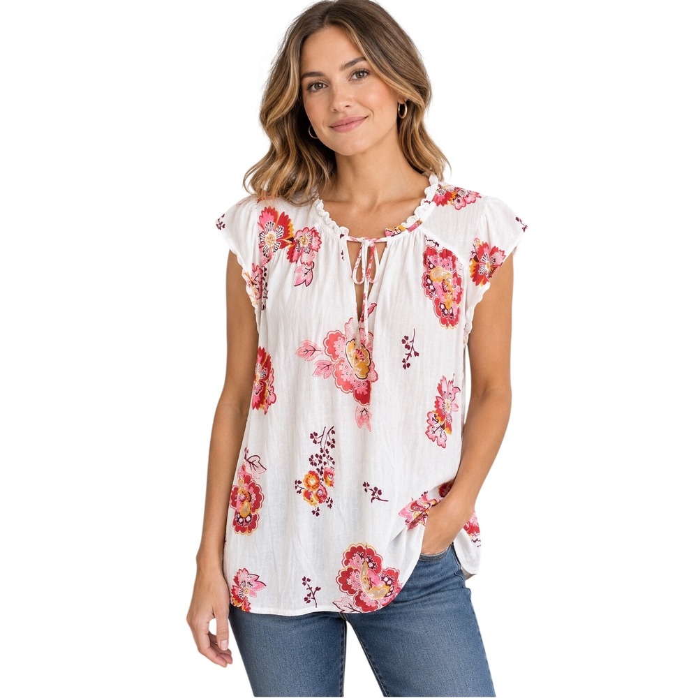 Loft Outlet Floral Ruffle Tie Neck Top Size L Pink White Boho Cottagecore Blouse